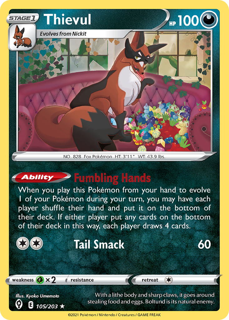 Thievul 105/203 Evolving Skies Pokemon Reverse Holo Rare NM
