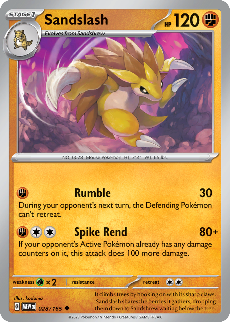 Sandslash 028/165 151 Pokemon Reverse Holo Uncommon NM