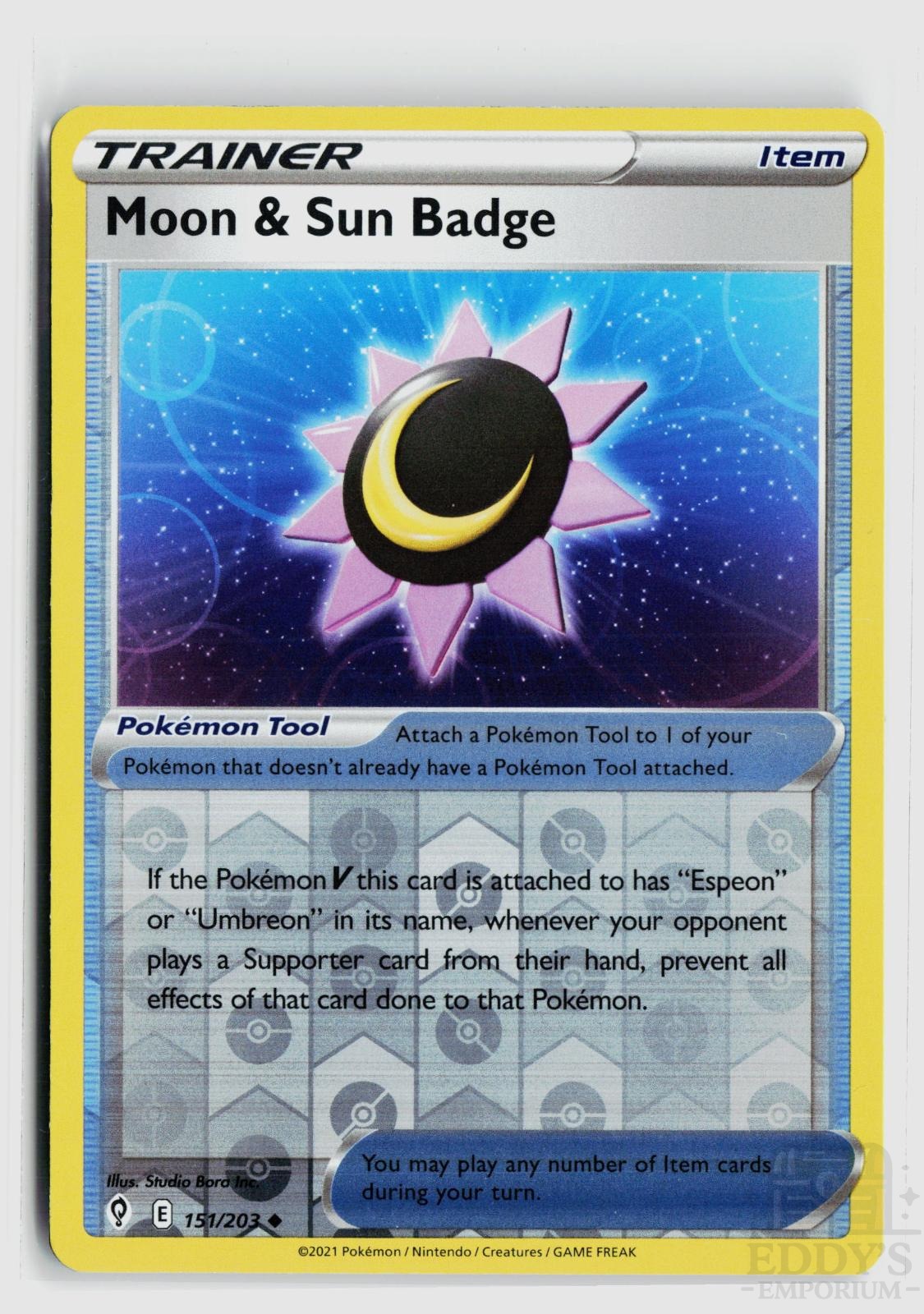 Moon & Sun Badge 151/203 Evolving Skies Pokemon Reverse Holo Uncommon NM