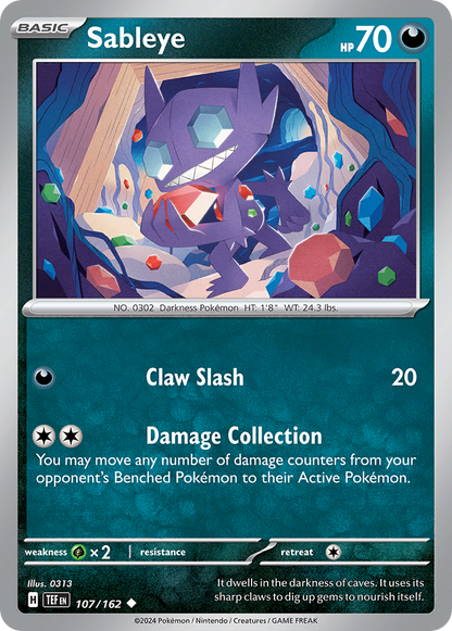Sableye 107/162 Temporal Forces Pokemon Reverse Holo Uncommon NM