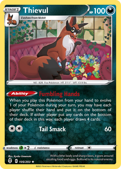 Thievul 105/203 Evolving Skies Pokemon Reverse Holo Rare NM
