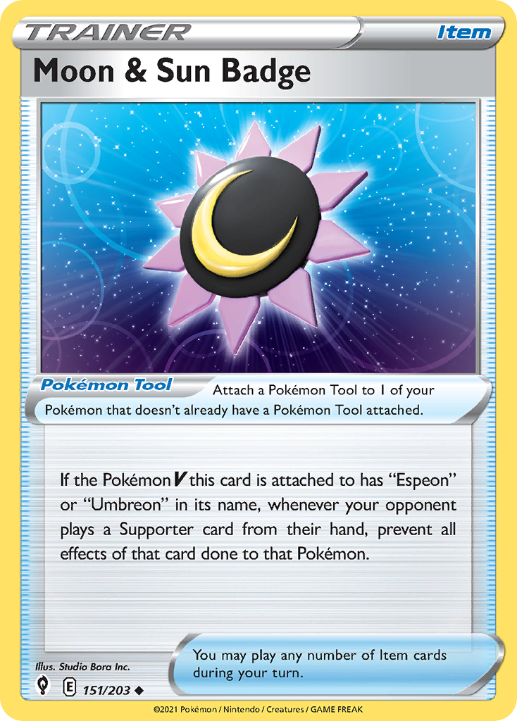 Moon & Sun Badge 151/203 Evolving Skies Pokemon Reverse Holo Uncommon NM