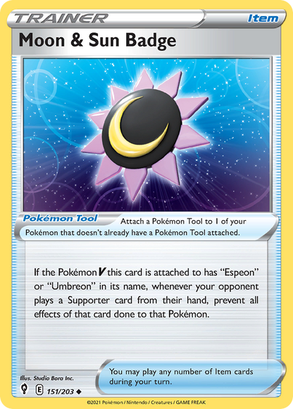 Moon & Sun Badge 151/203 Evolving Skies Pokemon Reverse Holo Uncommon NM