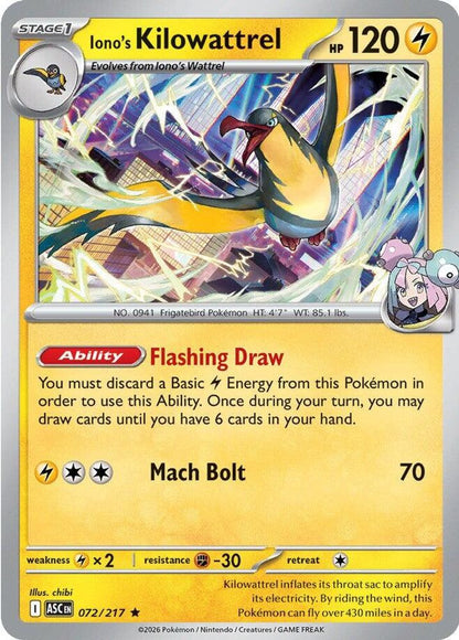 Iono's Kilowattrel 072/217 Ascended Heroes Pokemon Holo Rare NM