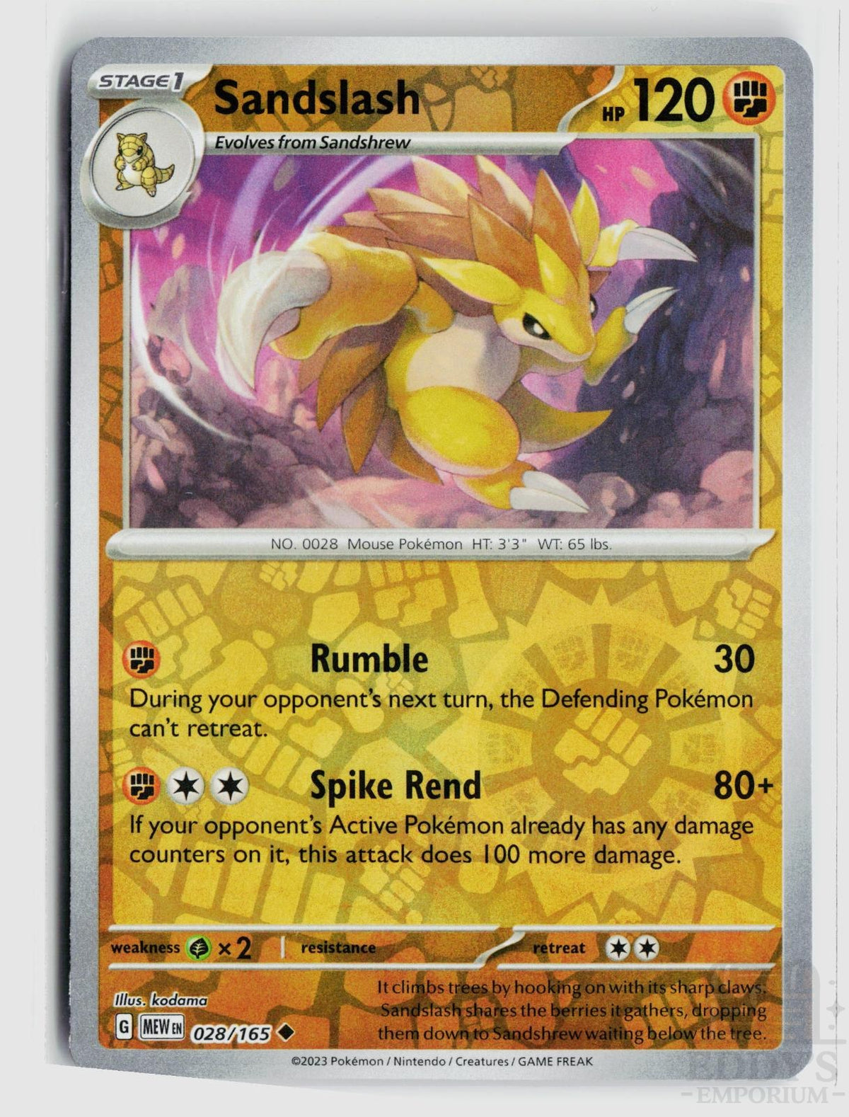 Sandslash 028/165 151 Pokemon Reverse Holo Uncommon NM