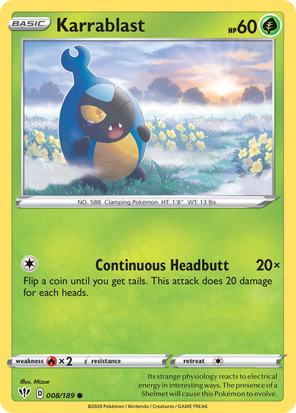 Karrablast 008/189 Darkness Ablaze Pokemon Reverse Holo Common NM