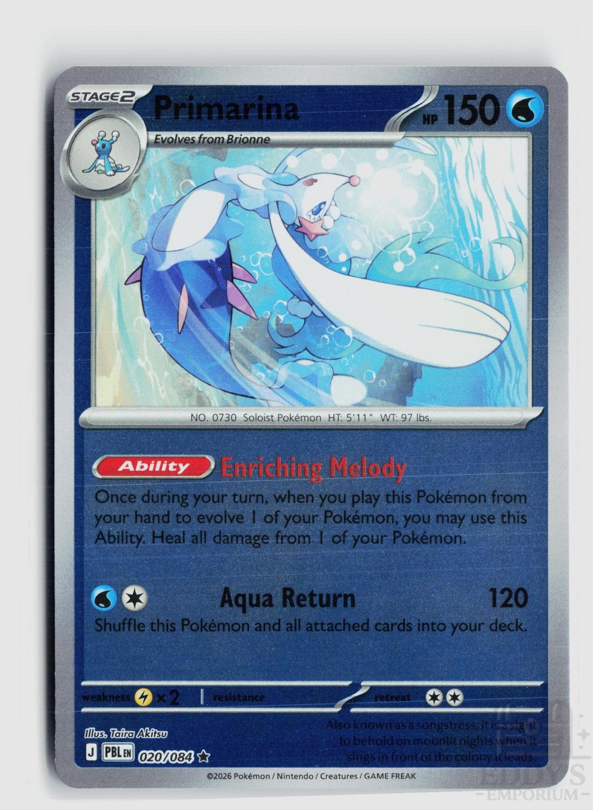 Primarina 020/084 Pitch Black Pokemon Reverse Holo