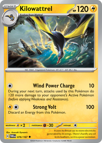 Kilowattrel 076/167 Twilight Masquerade Pokemon Reverse Holo Uncommon NM