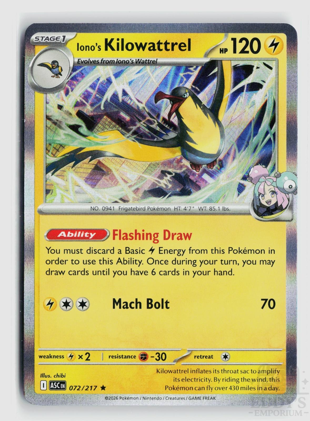 Iono's Kilowattrel 072/217 Ascended Heroes Pokemon Holo Rare NM